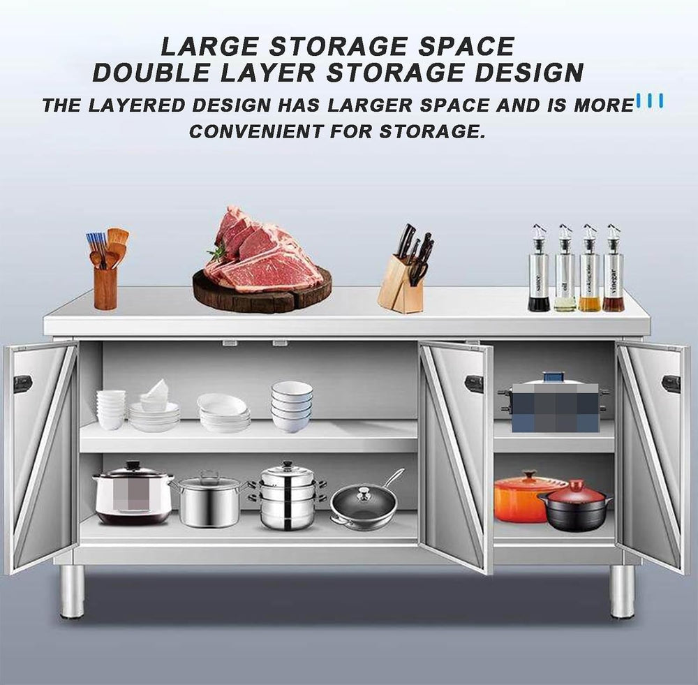 Heavy‑Duty 304 Stainless Steel Storage Work Cabinet, Commercial Prep Table wi...