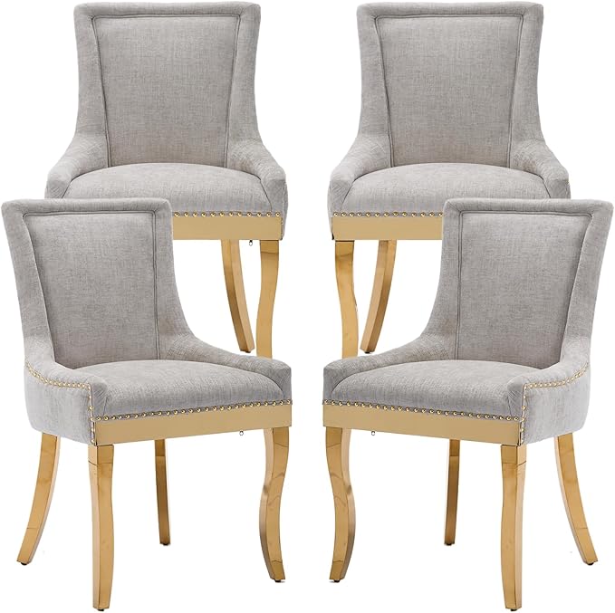 Dining Chairs Set of 4, Kitchen & Dining Room Chairs, Chenille Fabric Upholstered Dinning Chairs, Sillas De Comedor, Nailhead Trim, Metal Legs (Beige, 4 Pcs)