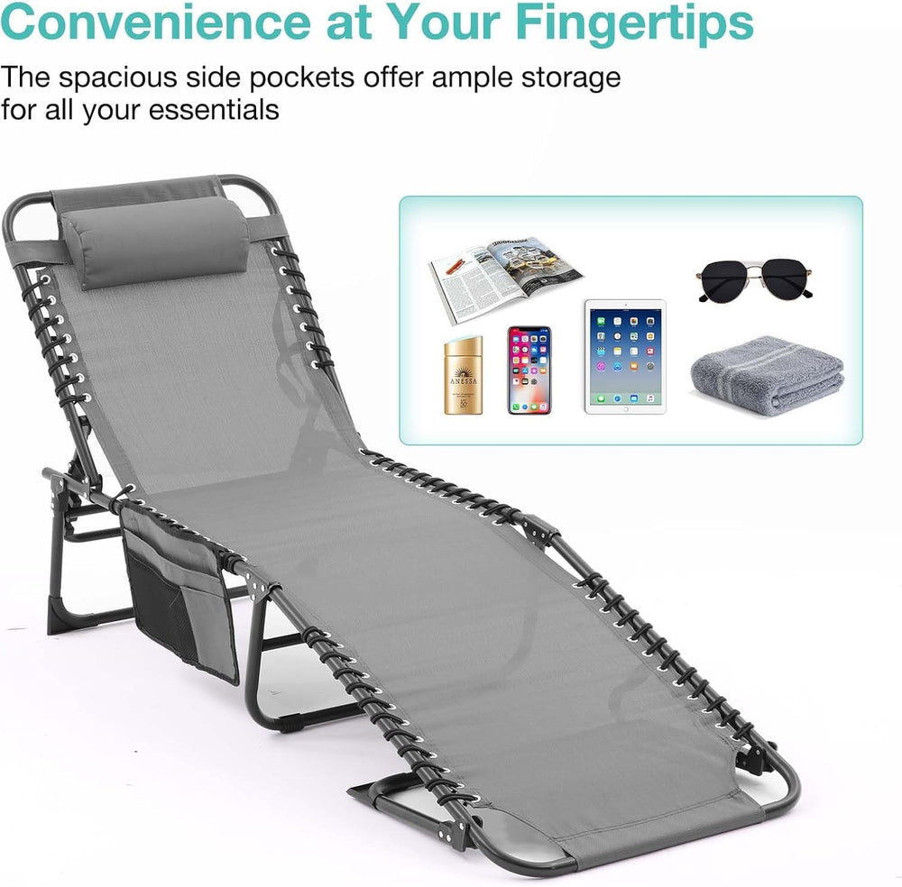 Gray Lounge Chairs for Outside, Folding Beach Lounger with Carrying Handle an...