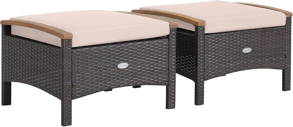 Tangkula 2 Piece Patio Rattan Ottomans, Outdoor Wicker Footstool w/Acacia Woo...