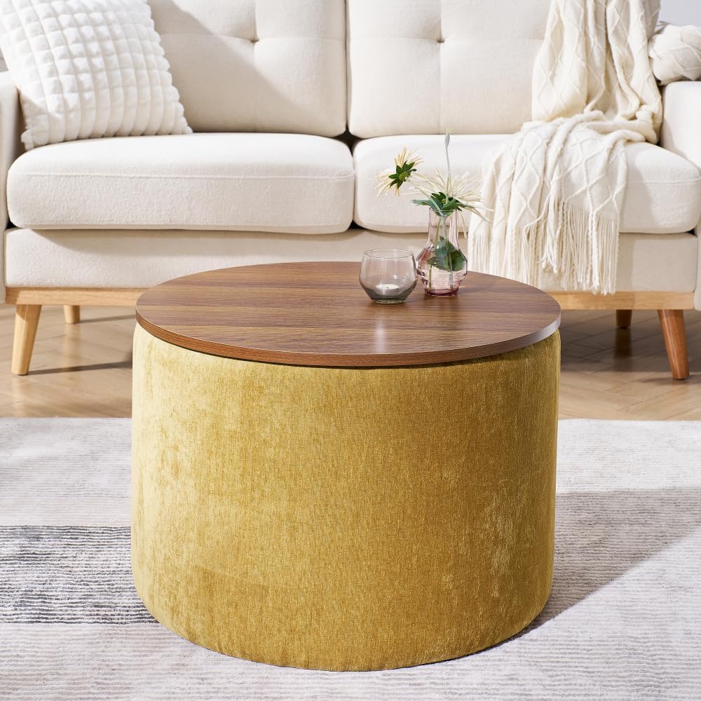 2-Piece Set Round Chenille Storage Ottoman, Equipped with a Drum Shaped Small...