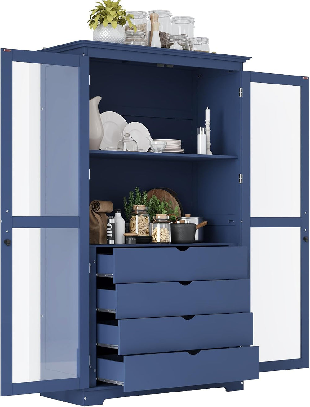 JIJIWANG Kitchen Pantry Cabinet,Coffee Bar Storage with Glass Doors and 4 Bui...