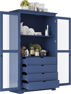 JIJIWANG Kitchen Pantry Cabinet,Coffee Bar Storage with Glass Doors and 4 Built-in Drawers,Food Pantry for Kitchen,Dining Room,Living Room and Garage,Home Office,Blue
