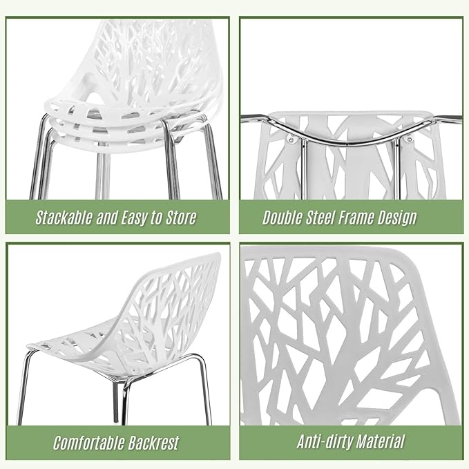 Karl home Mid Century Modern Dining Chairs Set of 4, Stackable Plastic Chair, Bird's Nest Trunk Pattern Suitable for Kitchen, Dining, Bedroom, Living Room,350lbs Capacity(White)