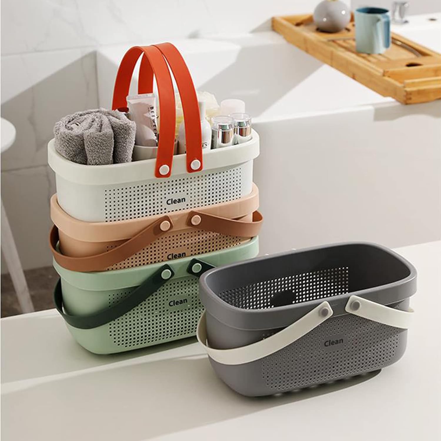 JiatuA Plastic Storage Basket with Handle Portable Shower Caddy Tote Organizer Basket Bin for Bathroom Kitchen Dorm Room Bedroom, Gray