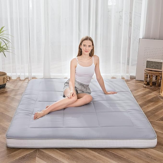 MAXYOYO Futon Mattress, Japanese Floor Mattress Queen Size, Quilted Bed Mattress Topper, Extra Thick Folding Sleeping Pad Breathable Floor Lounger Guest Bed for Camping Couch, Grey