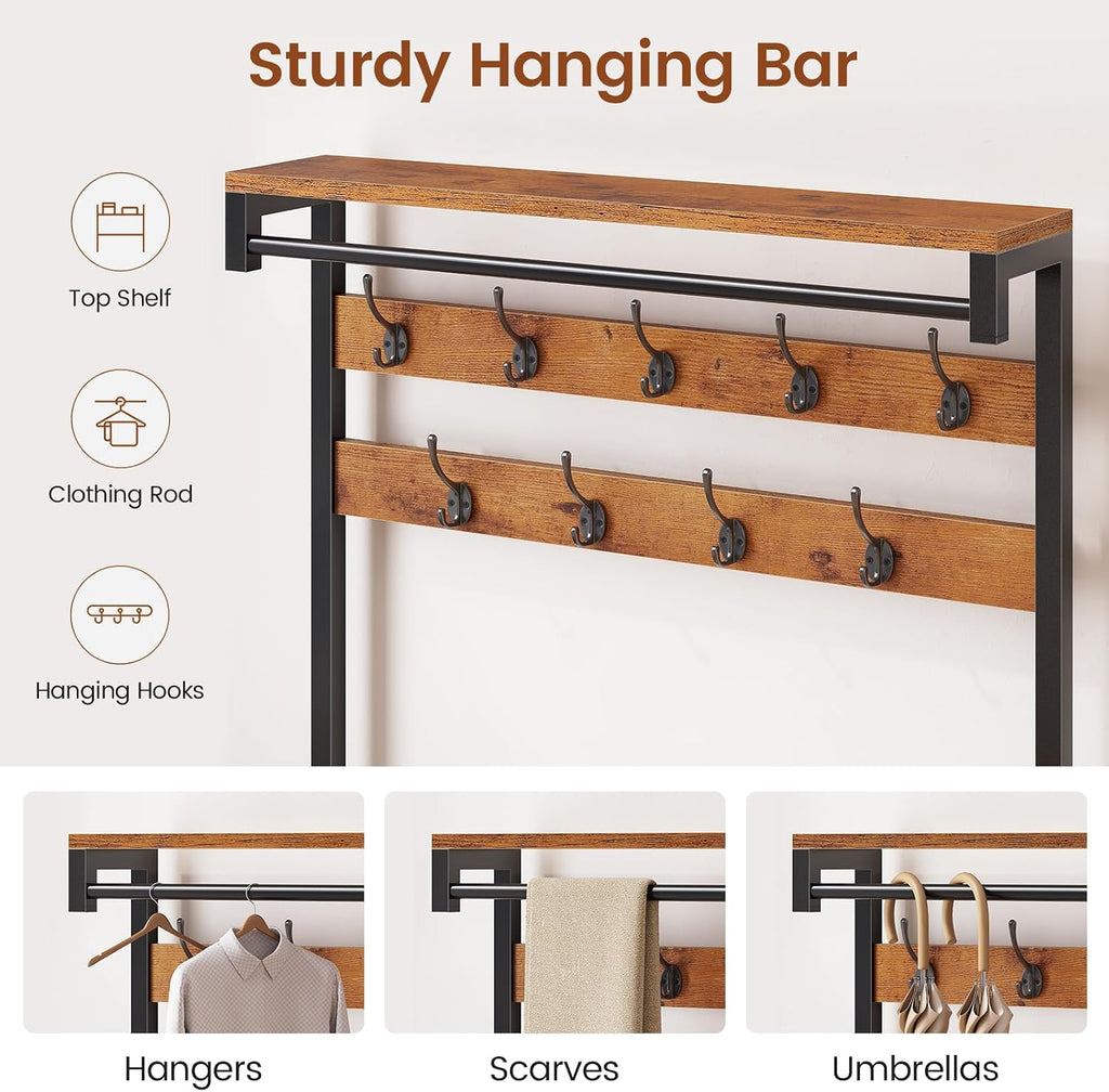 Itaar Coat Rack, Hall Tree with Bench and Shoe Storage, 7-in-1 Entryway Bench with Soft Cushion, Storage Bag, 3 Fabric Drawers(Rustic Brown)