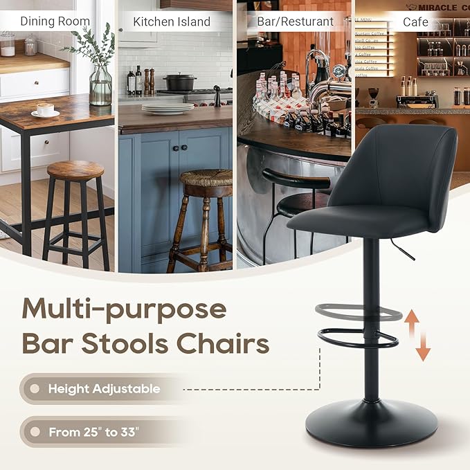 COLAMY Bar Stools Set of 2, Modern Swivel Bar Chairs, Adjustable PU Leather U...