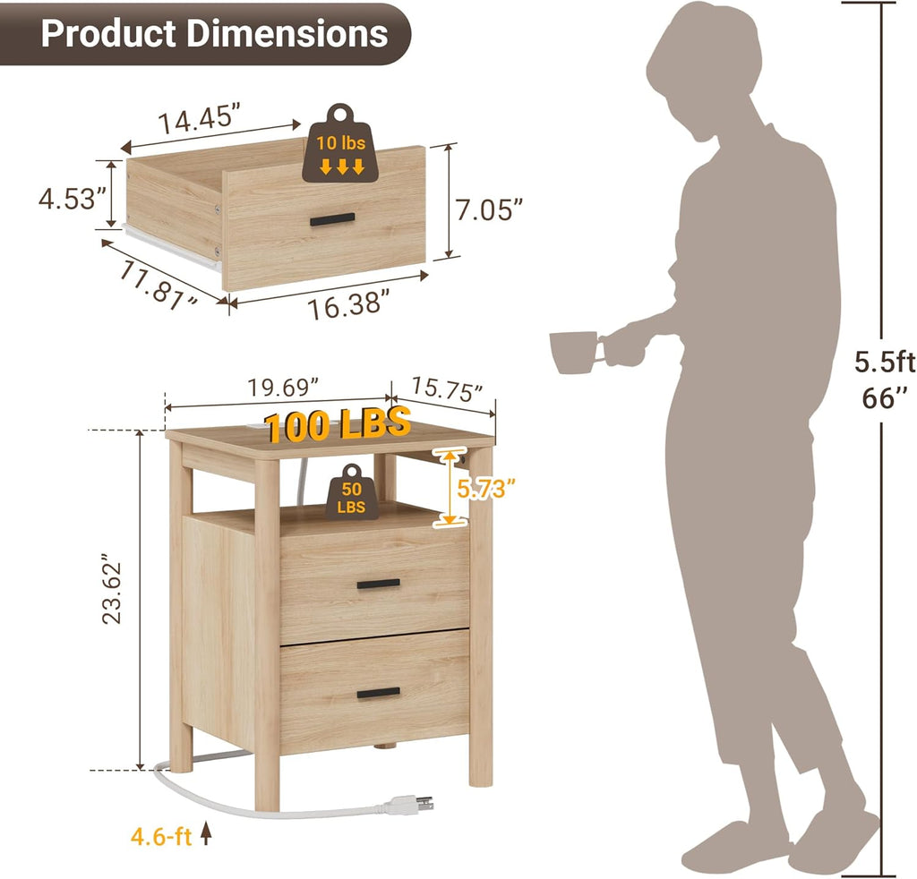 Night Stand with Charging Station, 20" Large Modern Side Table with Solid Round Post Legs, 2 Drawers End Table with Open Shelf, Nightstand with Storage for Bedroom, Natural Oak
