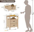 Night Stand with Charging Station, 20" Large Modern Side Table with Solid Round Post Legs, 2 Drawers End Table with Open Shelf, Nightstand with Storage for Bedroom, Natural Oak