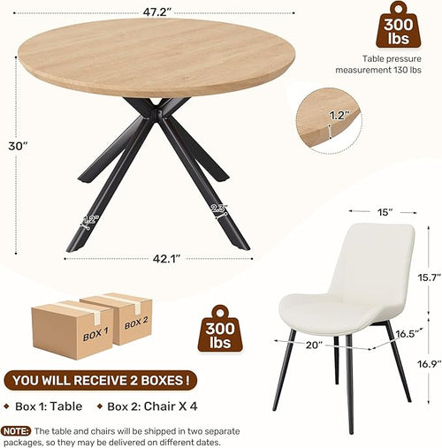47.2" 5-Piece Round Dining Table Set for 4, Modern Wood Dining Table with 4 Upholstered Chairs, Kitchen & Dining Room Table Set with Metal Base for Apartment, Small Space, Natural Table+4 Beige Chairs