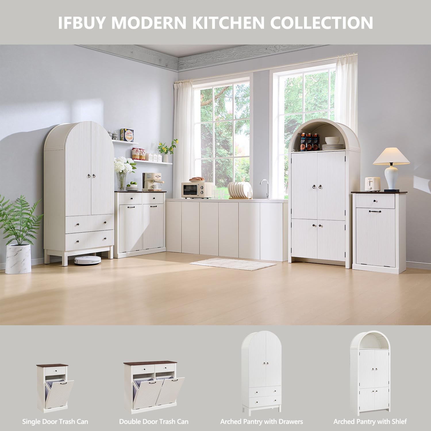 Modern Tilt-Out Laundry Hamper Cabinet, 10 Gallon Fluted Trash Can Cabinet with Drawer, Wooden Hidden Garbage Can Cabinets with Laundry Basket, Free Standing for Bathroom and Kitchen, White