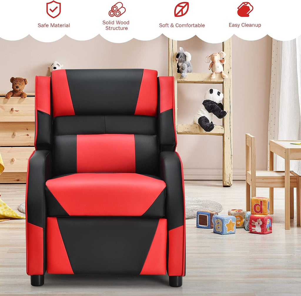 Kids Recliner, PU Leather Kid Lounge Chair w/Footrest, Armrest, Headrest & Lumbar Support, Adjustable Gaming Toddler Sofa Armchair for Boys Girls (Red)