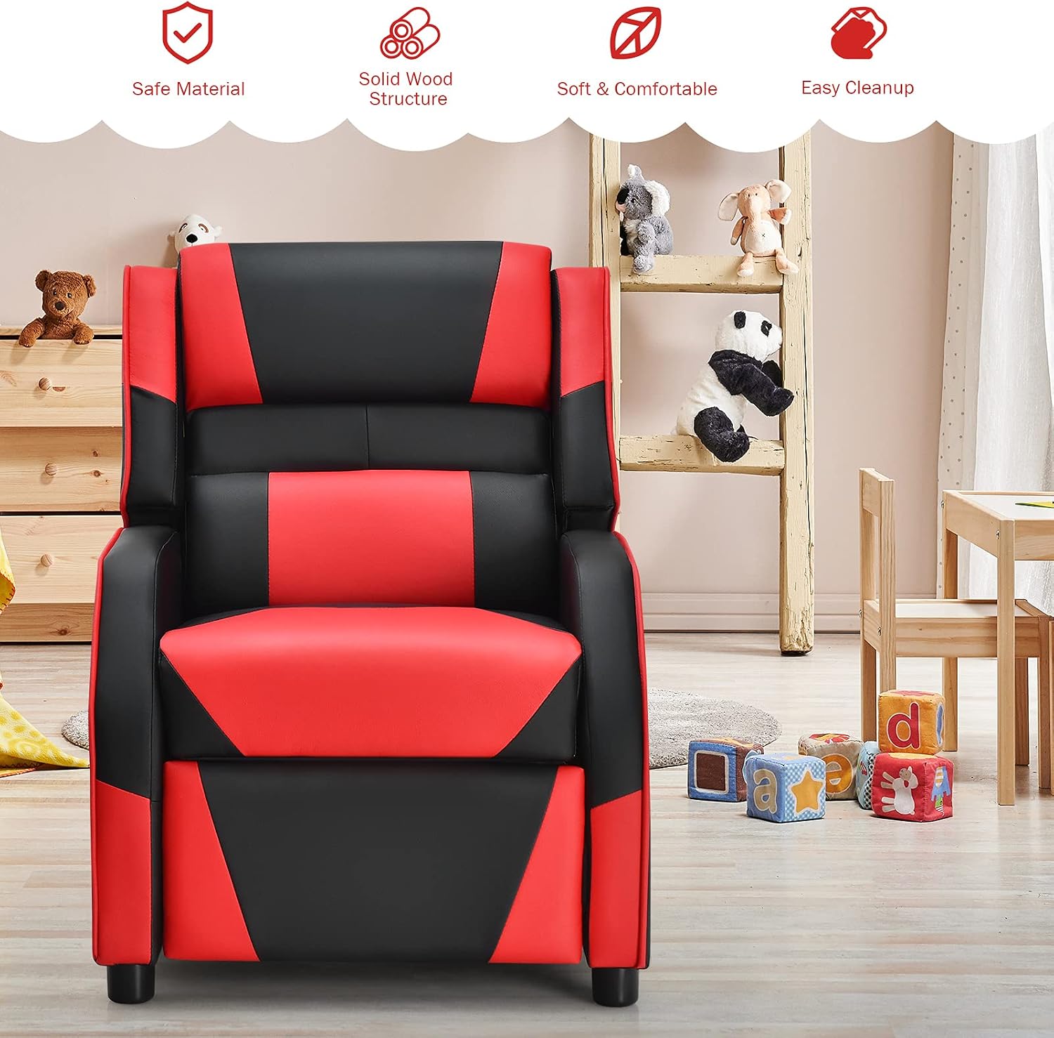 Kids Recliner, PU Leather Kid Lounge Chair w/Footrest, Armrest, Headrest & Lumbar Support, Adjustable Gaming Toddler Sofa Armchair for Boys Girls (Red)