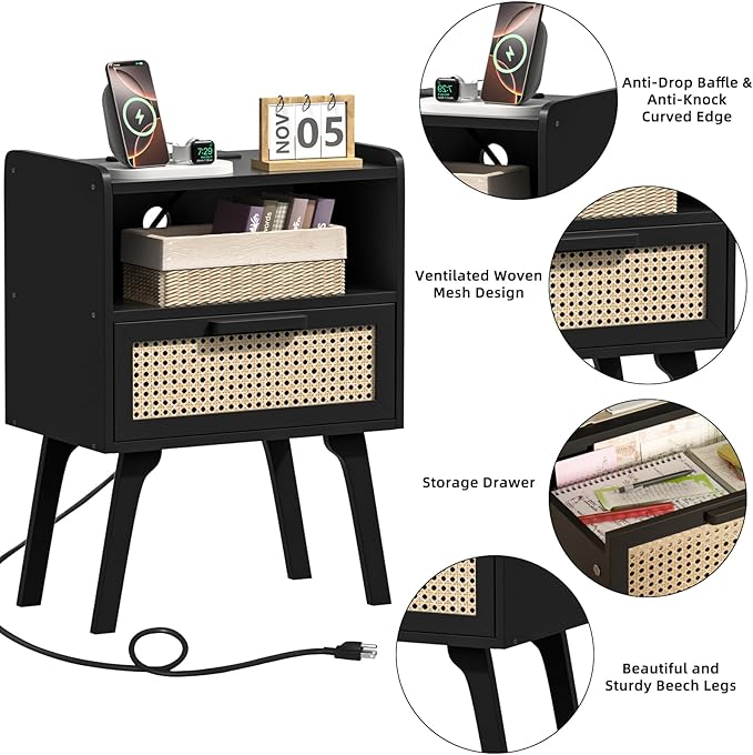Lerliuo Rattan Nightstands Set of 2 with Charging Station, Black Bedside Tabl...
