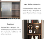 KEIKI Folding Home Office Desks with Pegboard, Glass Doors, Bookshelf & Storage Shelves, Modern Wooden Computer Table Workstation for Work, Study, Writing