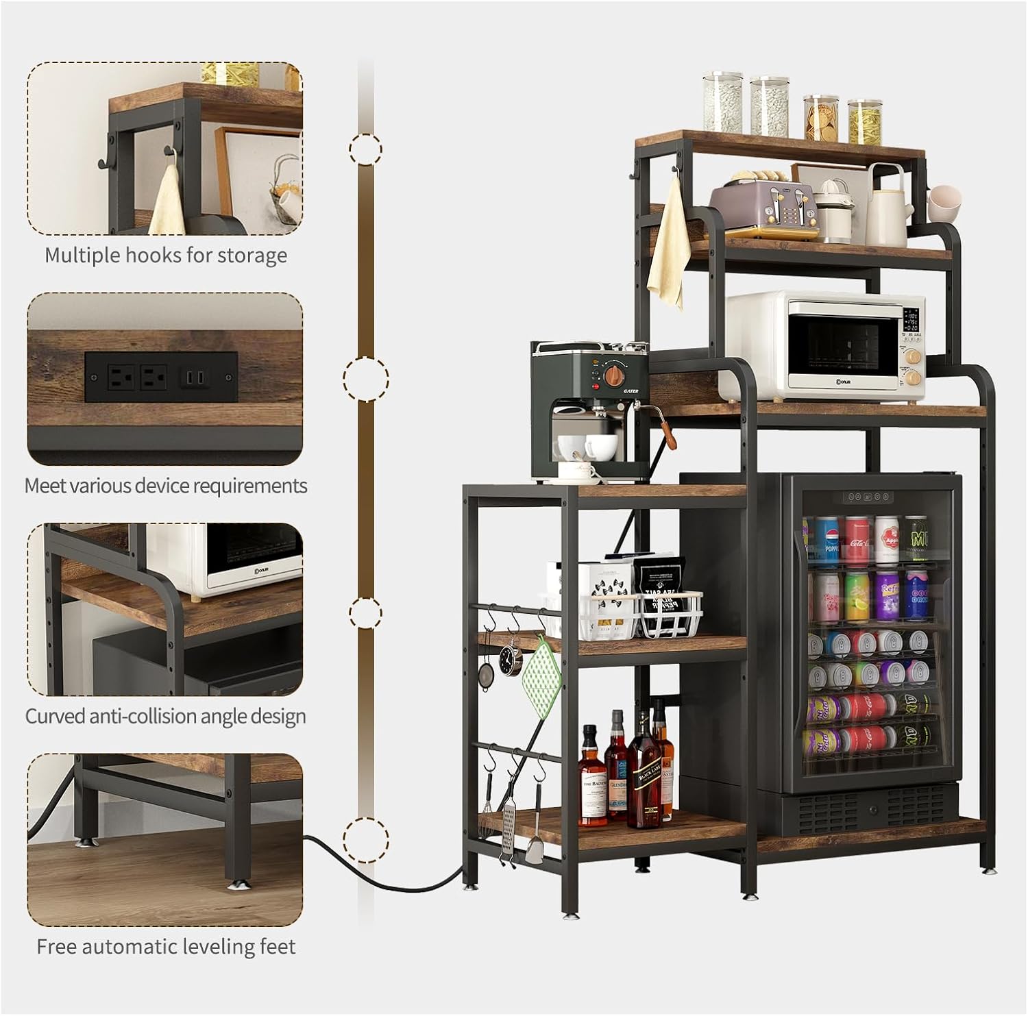 7-Tier Kitchen Storage Rack, Mini Fridge and Microwave Stand with AC/USB Outlets, Metal Frame, Walnut Brown MDF Shelves, Utility Cabinet for Kitchen, Living Room, Dorm