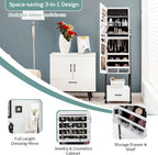 COSTWAY Mirror Jewelry Cabinet with Wheels, Standing Full-length Mirror with Jewelry Storage, Lockable Jewelry Organizer Box with Drawers, Rolling Jewelry Armoire for Women Girls Bedroom (White)