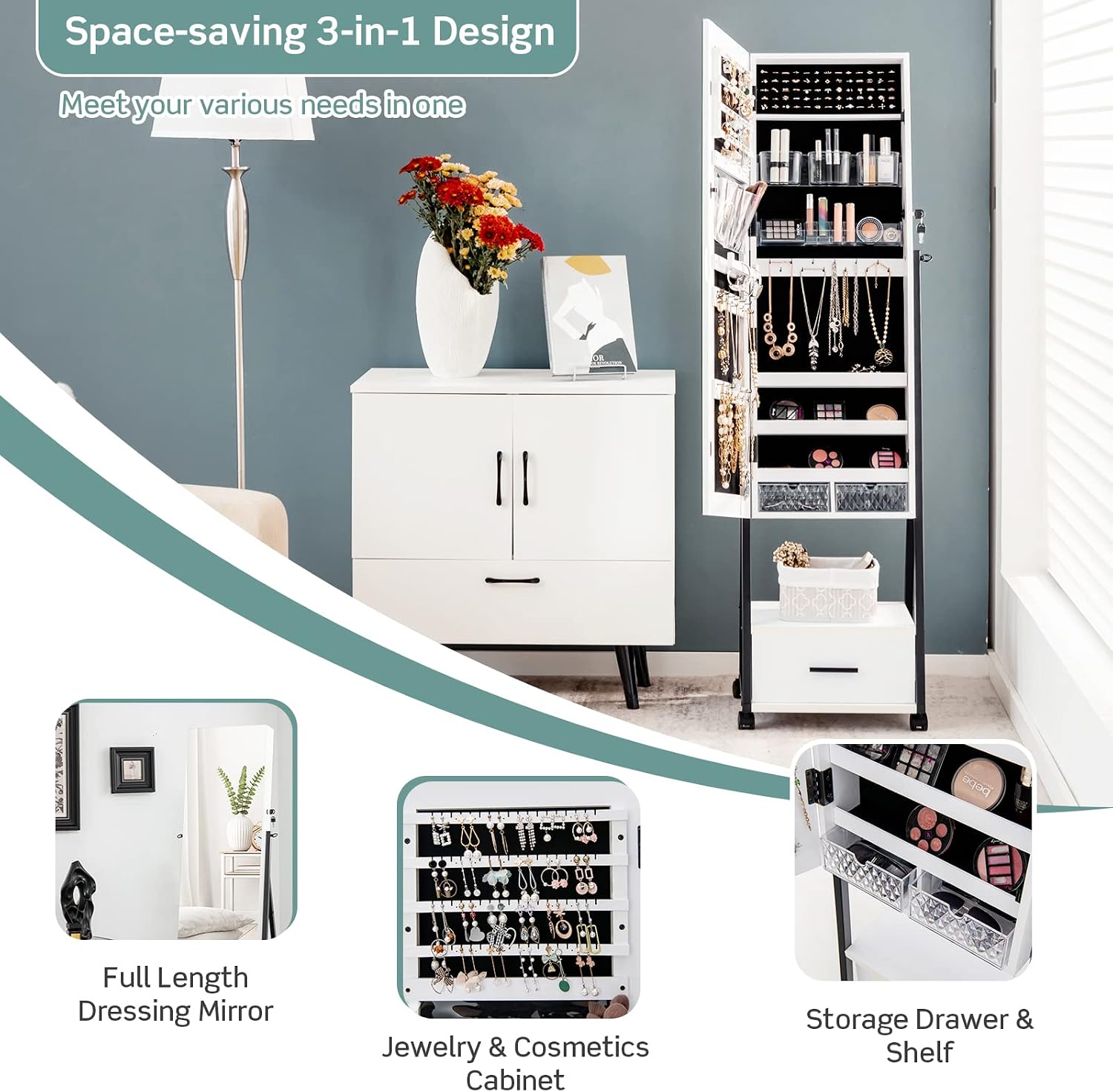 COSTWAY Mirror Jewelry Cabinet with Wheels, Standing Full-length Mirror with Jewelry Storage, Lockable Jewelry Organizer Box with Drawers, Rolling Jewelry Armoire for Women Girls Bedroom (White)