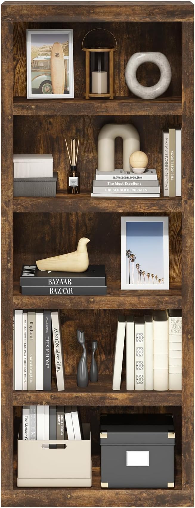 Furinno Rail 5-Tier Open Shelf Bookcase with Classic Style Edges, Amber Pine