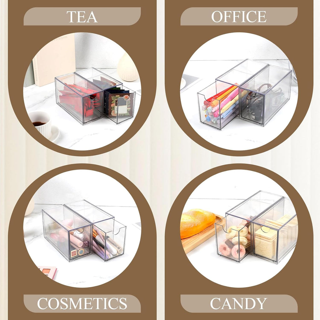 4 Pack Tea Bag Organizer Plastic Stackable Clear Storage Drawers Acrylic Tea Bag Holder Containers for Drawer, Pantry, Kitchen, Cabinet, Counter