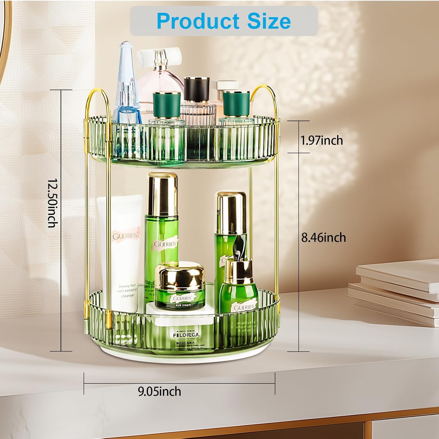360 Rotating Makeup Organizer, 2 Tier Lazy Susan Bathroom Counter Organizer, Skincare Organizers, Spinning Perfume Organizer & Vanity Organizer Countertop (Gem Green, 2 Tier)