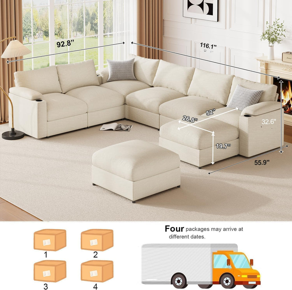 Couches Oversized Chenille Cloud Sofa (Chenille Beige, U Shaped 8 Seat) | Sectional Couch Chaise Detachable Armrest Cushion FSC Certified U Shaped Convertible Modular Sleeper Sofa for Living Room