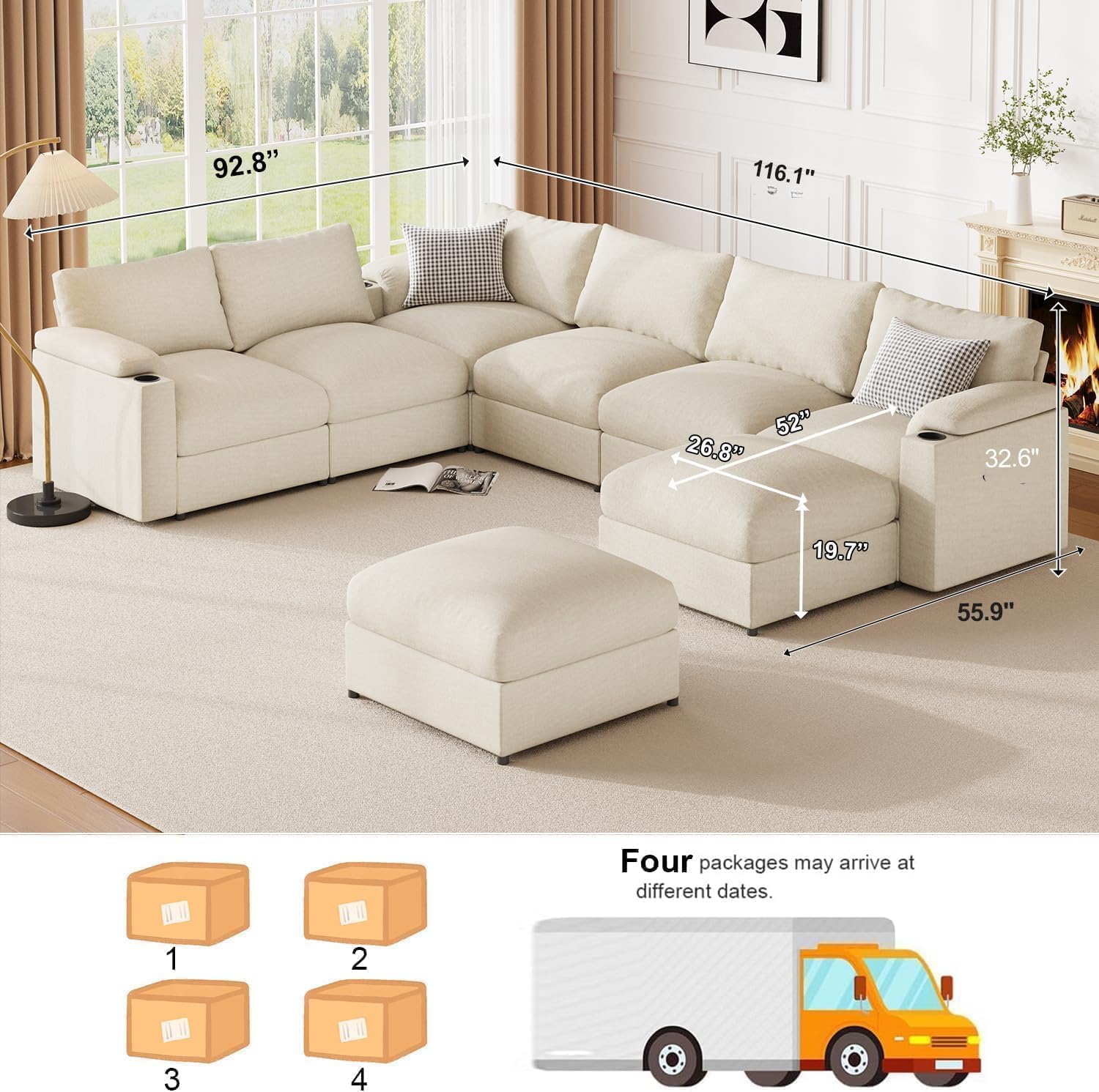 Couches Oversized Chenille Cloud Sofa (Chenille Beige, U Shaped 8 Seat) | Sectional Couch Chaise Detachable Armrest Cushion FSC Certified U Shaped Convertible Modular Sleeper Sofa for Living Room