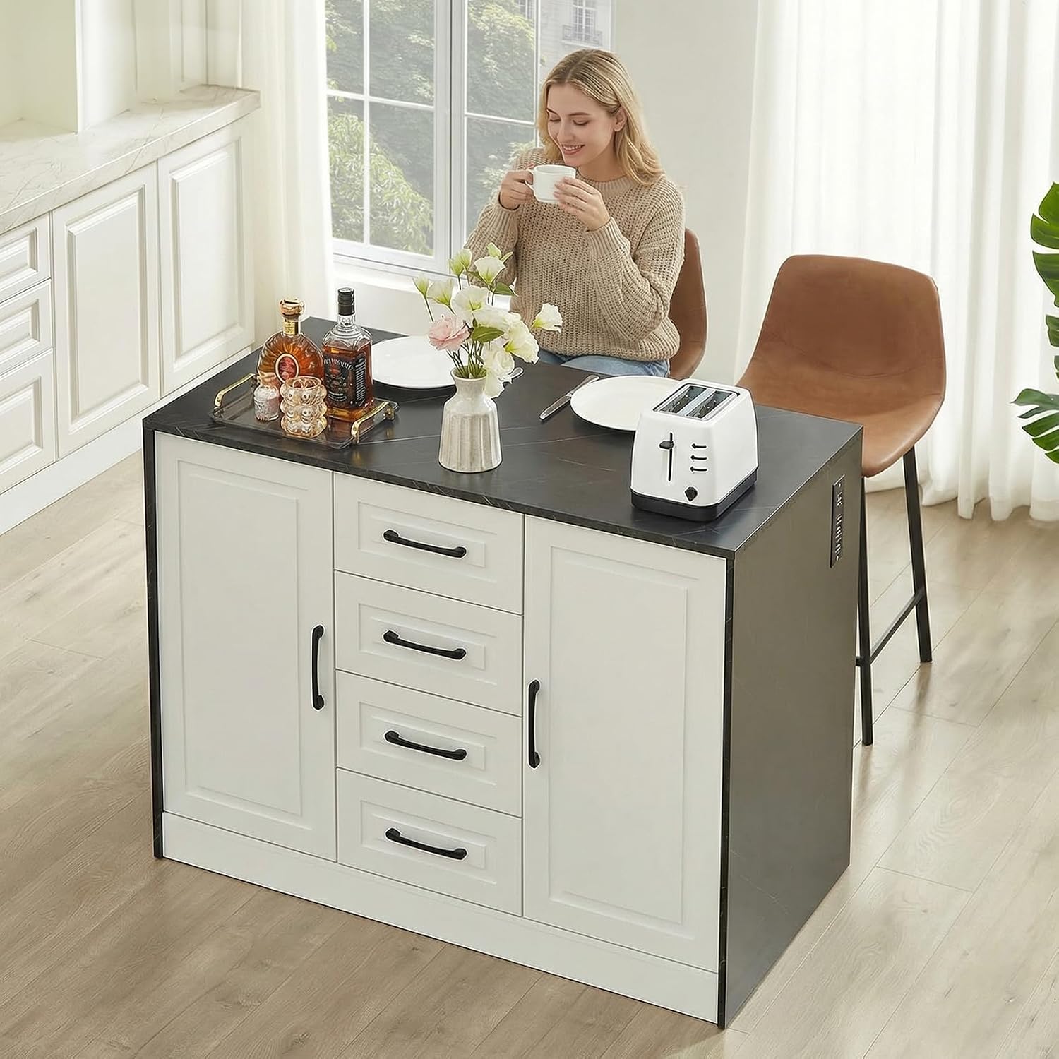 47" Kitchen Island with Power Outlet & Imitation Marble, Black | Dining Table with 2 Storage Cabinets & 4 Drawers, Adjustable Shelves, Home Bar for Kitchen, Dining Room, Living Room