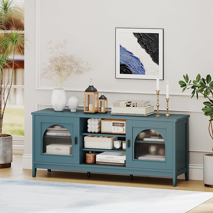 Giantex Farmhouse TV Stand for TVs up to 65", Modern Vintage Entertainment Center w/Storage, Adjustable Shelves, Cable Holes&Glass Doors, Media TV Console Table for Bedroom, Living Room (Teal Blue)