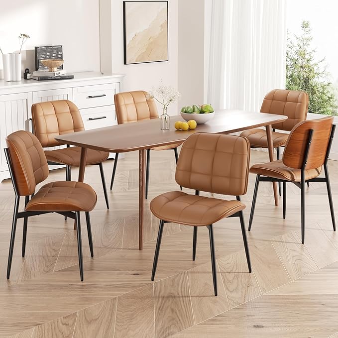 Dining Chairs Set of 6, Mid Century Modern Dining Room Chair, Upholstered Faux Leather Kitchen Chairs with Thick Cushion and Walnut Bentwood Back for Kitchen Dining Room, Brown