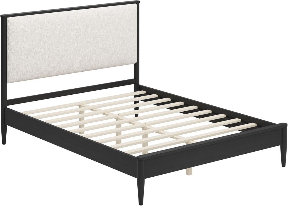 Mid-Century Modern Bed with Boucle Upholstered Headboard，Black：Queen