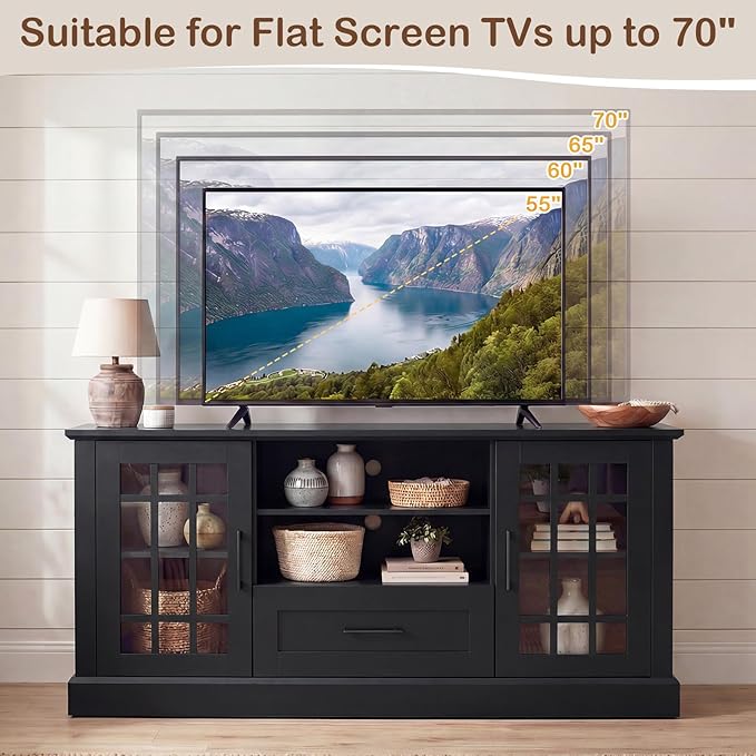 Tangkula Farmhouse TV Stand for TV up to 65 70 Inches, Tall Media Console Table with 2 Glass Storage Cabinets, 1 Drawer & 2 Open Shelves, Wooden Entertainment Center for Living Room (Black)