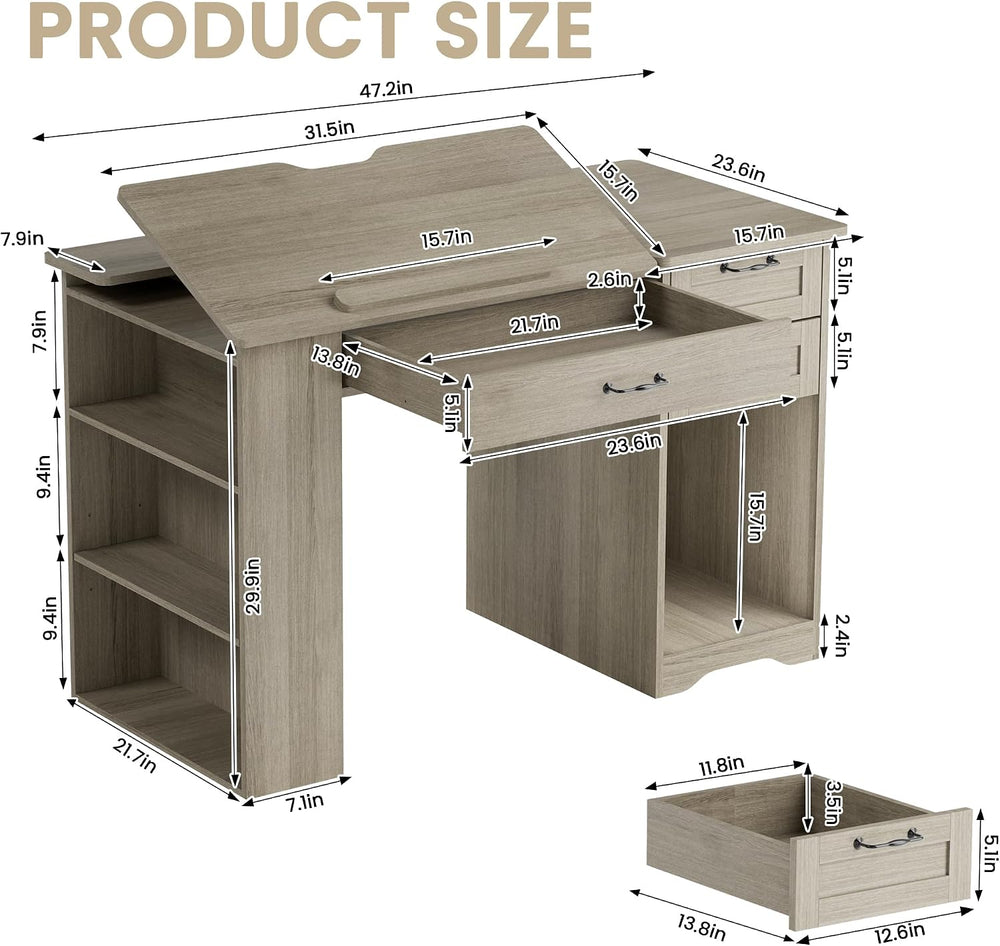 Drafting Table with Storage Cabinet & Drawers, Adjustable Drawing Table w...