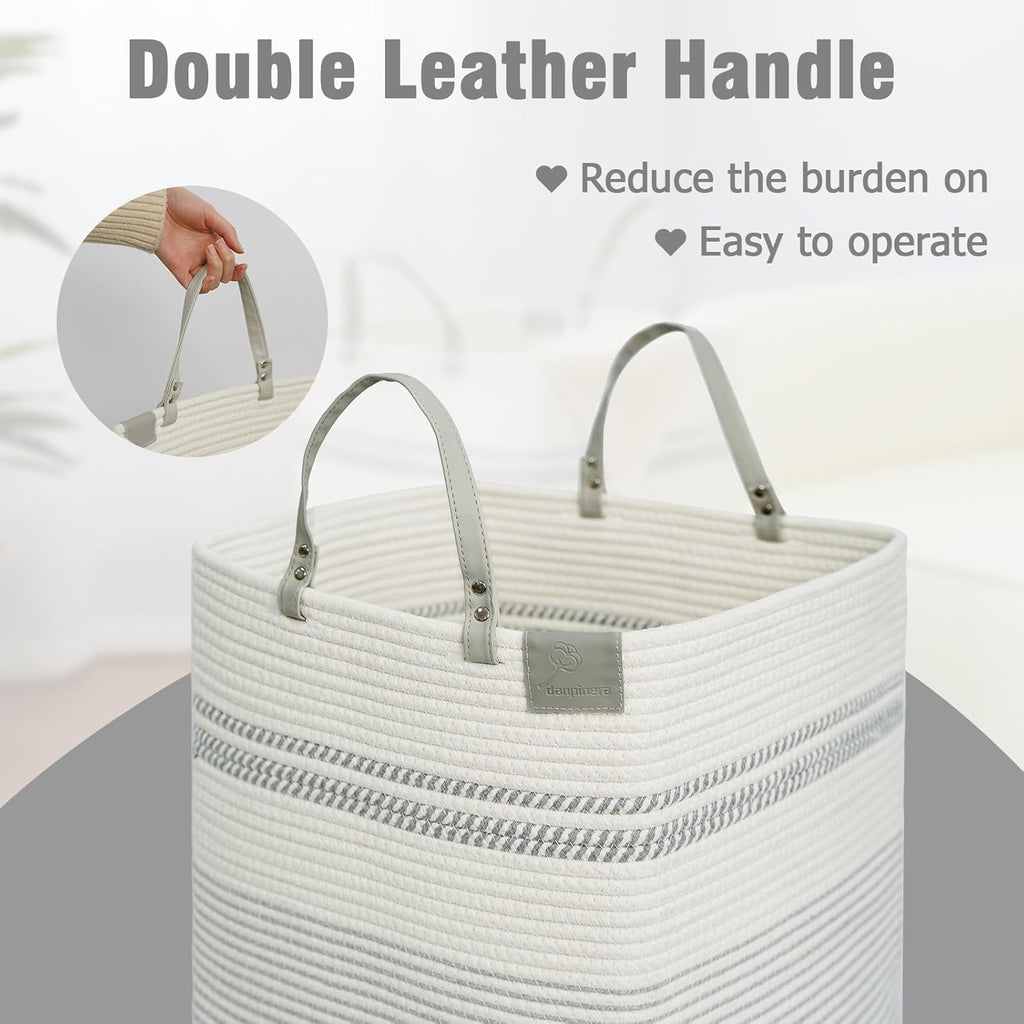 danpinera 100L Nursery Hamper, Tall Woven Laundry Basket with Long Leather Handles, Boho Laundry Hamper for Living Room & Bedroom, Eco-friendly & Convenient Decorative Storage Basket White & Gray