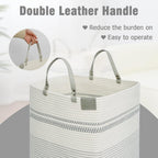 danpinera 100L Nursery Hamper, Tall Woven Laundry Basket with Long Leather Handles, Boho Laundry Hamper for Living Room & Bedroom, Eco-friendly & Convenient Decorative Storage Basket White & Gray