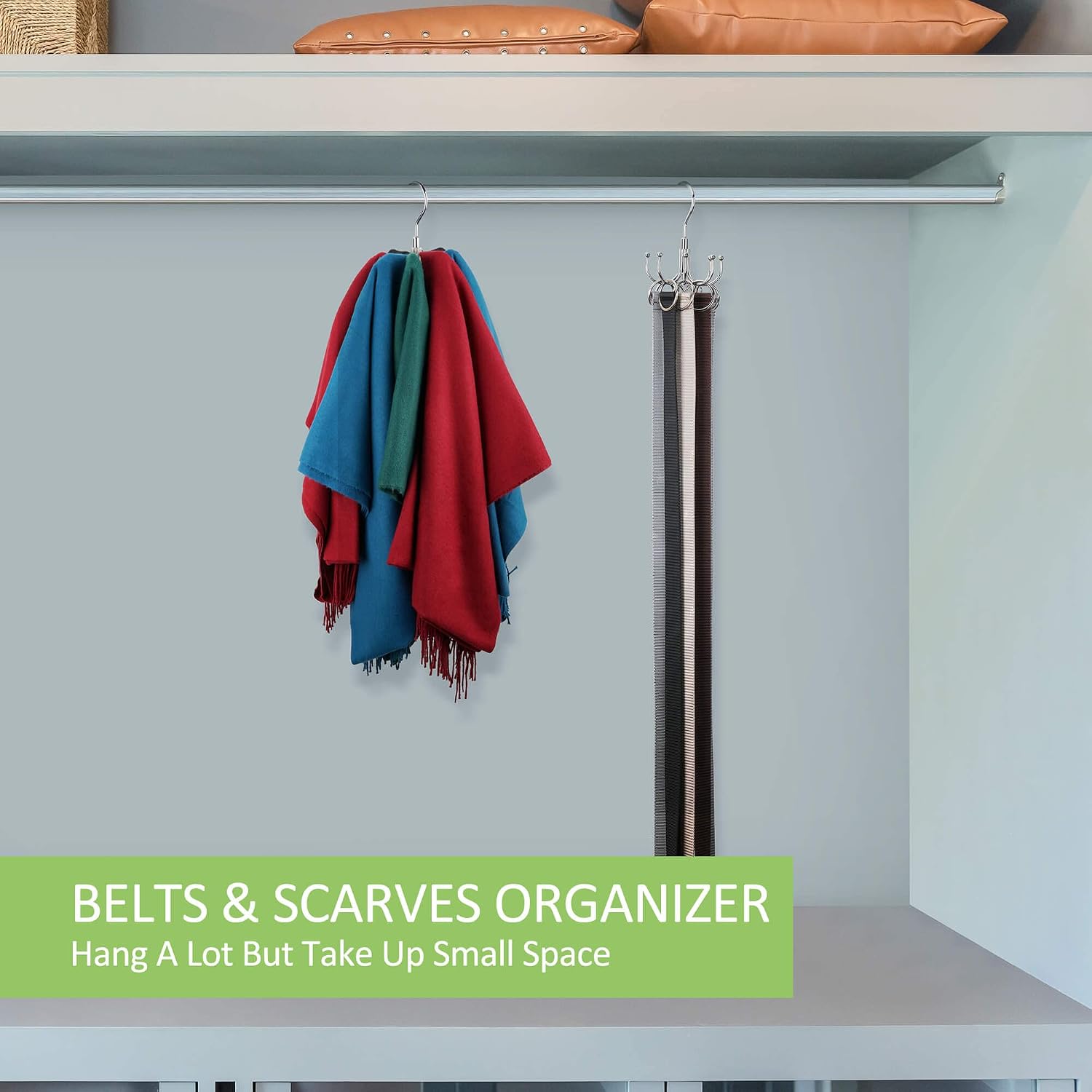 Belt Hanger, Rotatable Belt Organizer Rack for Closet Sturdy Max 24 Belts Storage with 8 Hooks, Hanging Space Saving Closet Organizers for Belts Holder, Black