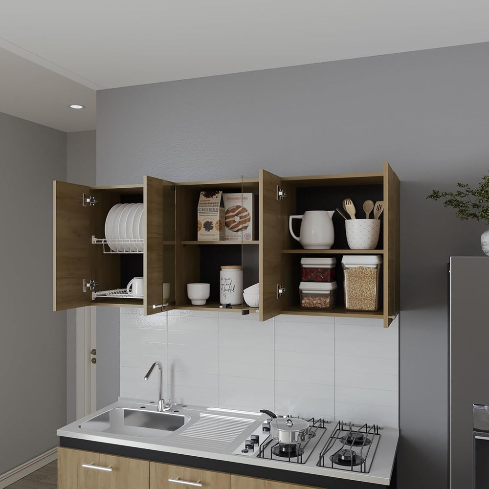 Wall Cabinet Kitchen 4 Doors and Glass Storage, Natural Oak,for Kitchen