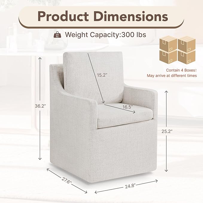 Upholstered Dining Chairs Set of 4, Modern Dining Room Chairs with Casters & Washable Cover, Rolling Accent Chair with Hidden Storage for Kitchen, Farmhouse, Living Room, Linen Fabric, 4 Box