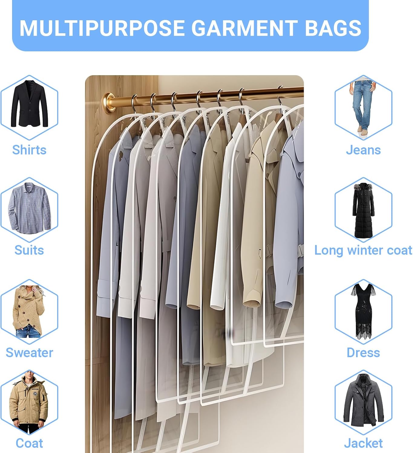 Garment Bags for Hanging Clothes 24'' x 48'' (Set of 12) Coat Covers for Closet Foldable Washable Dress Bags for Hanging Clothes for Long Dress Dance Costumes Suits Gowns Coats