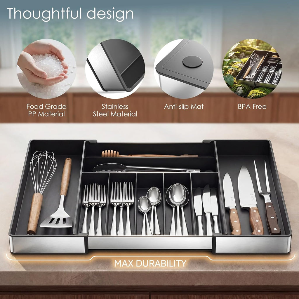 Silverware Drawer Organizer, 9 Slots Expandable Kitchen Drawer Organizer | Extra Large Utensil Holder & Cutlery Tray, Heavy Duty Stainless Steel Frame Flatware Organizer, Non-Slip Feet Included, Black