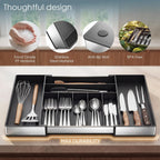 Silverware Drawer Organizer, 9 Slots Expandable Kitchen Drawer Organizer | Extra Large Utensil Holder & Cutlery Tray, Heavy Duty Stainless Steel Frame Flatware Organizer, Non-Slip Feet Included, Black