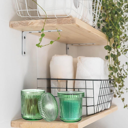 2 Pack Glass Qtip Holder with Lid, Qtip Dispenser Bathroom Storage Jars- Glass Apothecary Jars for Cotton Ball, Swab, Pads, Floss Picks, Bathroom Accessories Organization and Vanity Organizer(Green)