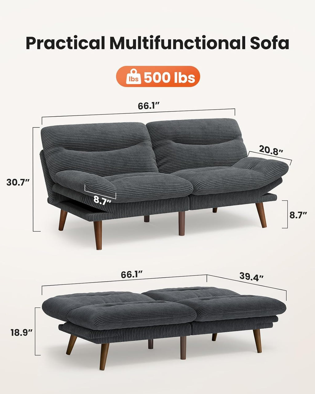 Amada 66" Convertible Futon Sofa Bed, Corduroy Folding Futon Set with Adjustable Backrest &Armrests, Recliner Lounge for Living Room, Apartment or Office, Wood Frame, Loveseat Sofa - Grey
