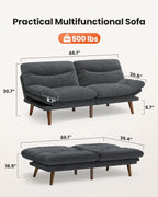 Amada 66" Convertible Futon Sofa Bed, Corduroy Folding Futon Set with Adjustable Backrest &Armrests, Recliner Lounge for Living Room, Apartment or Office, Wood Frame, Loveseat Sofa - Grey