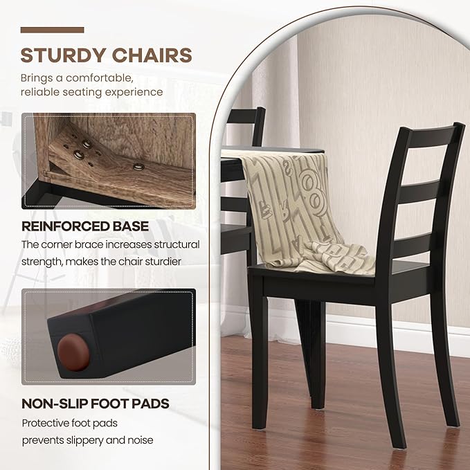NAFORT Wooden Dining Chairs Set of 6, Black Kitchen Chairs with Solid Rubber Wood Legs, Non-Slip Foot Pads, Max Load of 400 Lbs, Farmhouse Seat Ladder Back Dining Room Chairs