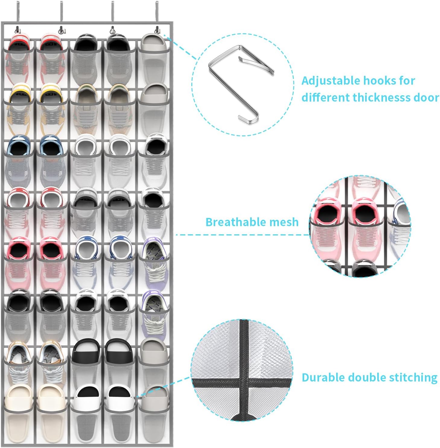 SAVERHO 40 Large Pockets Over the Door Shoe Organizer,Space-Saving Mesh Hanging Shoe Rack for Door Shoe Holder, Large Size 76.4" x 27.5" Ideal for Closet & Door Storage (White, 40 Pockets)
