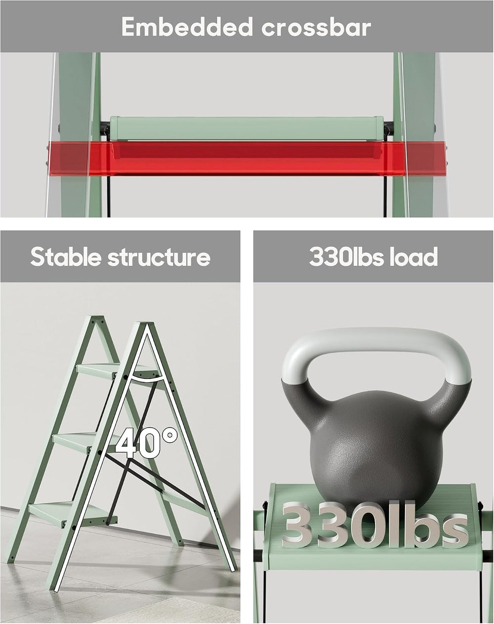 HillhutApex Aluminum Step Stool Foldable,3 Step Ladder (Pale Green)