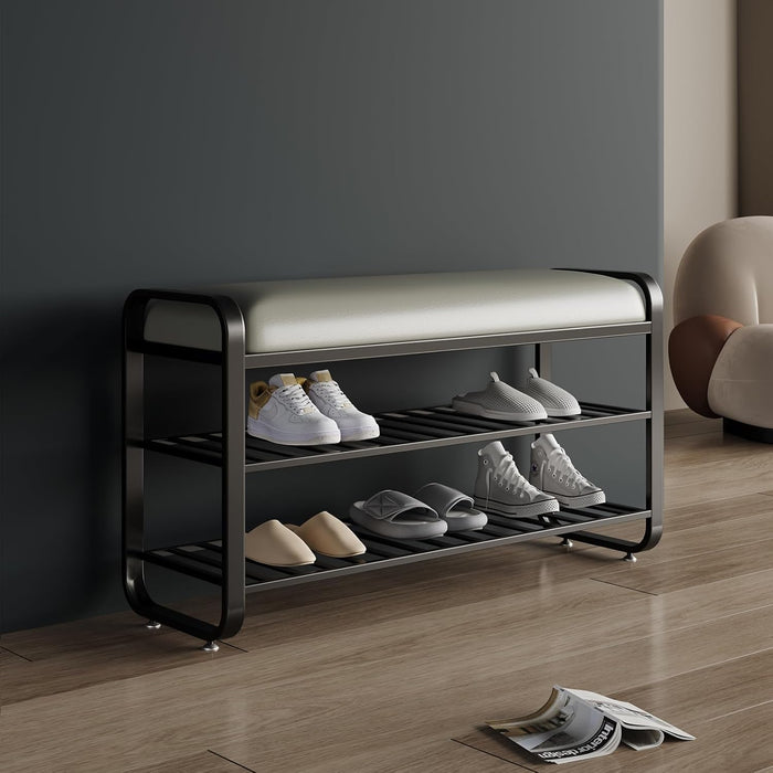 shoe bench,entryway bench with shoe storage,modern shoe rack bench with cushion upholstered padded seat 3 Tier metal shoe storage bench for entryway, hallway,front door (31.5*12.5*20.4, black)