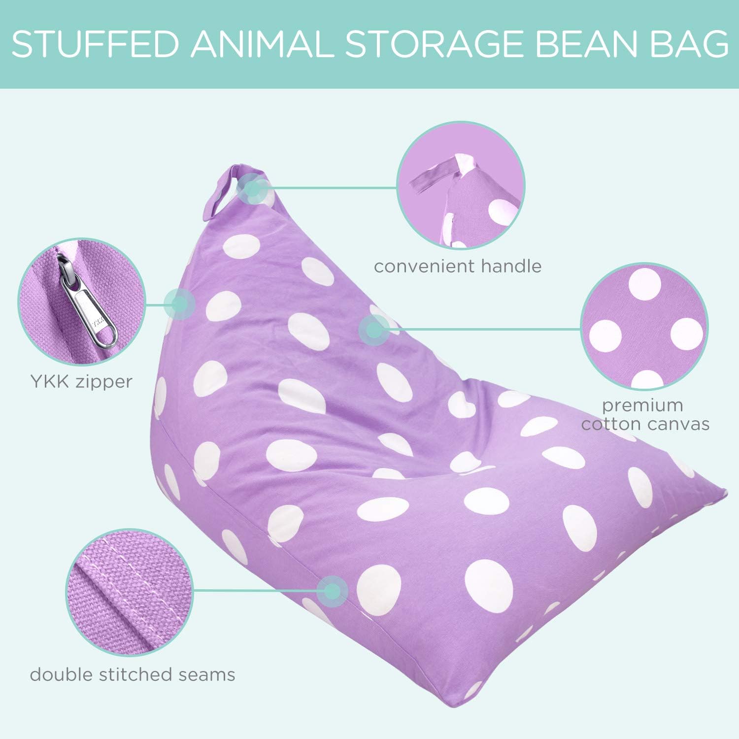 Aubliss Stuffed Animal Storage Bean Bag Chairs Cover, 50"x 35" Extra Large | Bean Bags Chair for Kids & Adults, Beanbag Toy Storage for Boys Girls - Premium Cotton Canvas Purple Dot